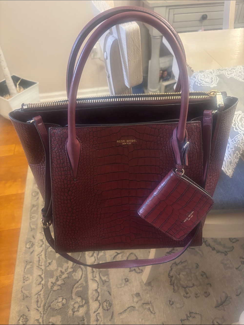 henri bendel Croc-Embossed Burgundy Tote with Card Pouch - Picture 12 of 14